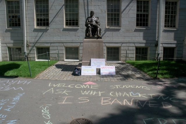 Five Harvard professors wrote messages in chalk in Harvard Yard Tuesday in protst of the University's restrictions on the use of campus spaces.